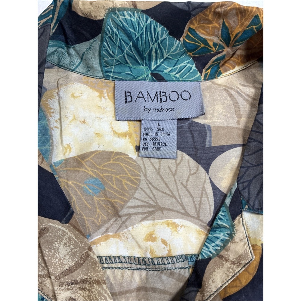Bamboo Melrose Vintage Silk Shirt 80s 90s Unisex Men's Neutral Leaf Large - Picture 2 of 6
